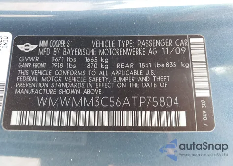 2010 Mini Cooper S Clubman z USA, uszkodzony, nr VIN WMWMM3C56ATP75804